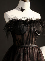 Black Tulle Lace Feather Homecoming Dress