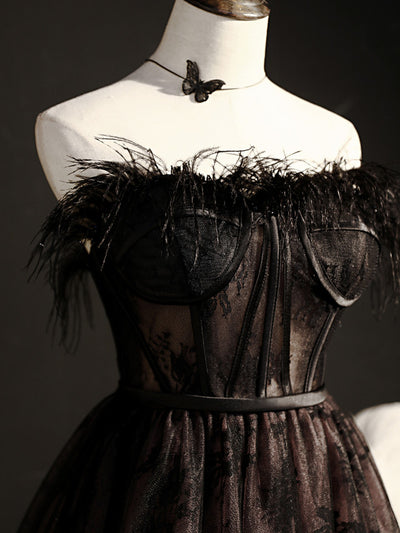 Black Tulle Lace Feather Homecoming Dress