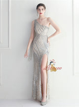 One Shoulder Sequins Beading Split Prom Dress