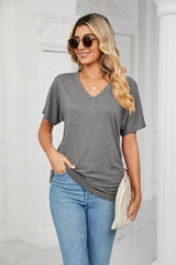 Casual V-neck Solid Color Loose T-shirt