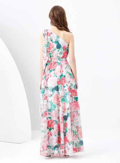 One-shoulder Chiffon Long Printed Dress