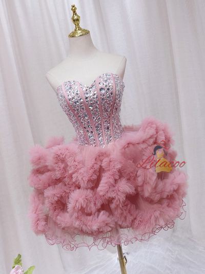 Pink Tulle Crystal Homecoming Dress