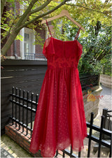 Wine Red Suspender Bow Gauze Dress