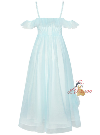 Light Blue Tulle Straps Flower Prom Dress
