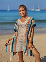 Rainbow Stitching Hollow Knit Tassel Bikini Cover Up