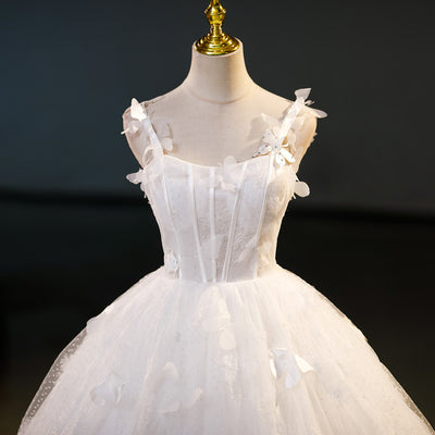 White Ball Gown Tulle Flower Wedding Dress