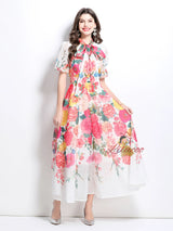 Bubble Short Sleeve Stitching Printed Medium-long Dress