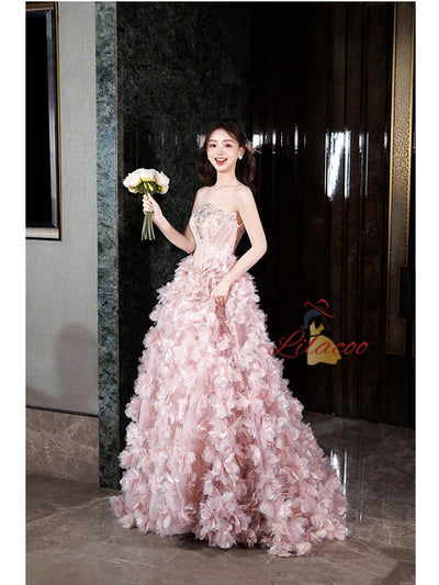 Pink Tulle 3D Flower Beading Quinceanera Dress