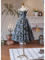 Black Spaghetti Straps Print Homecoming Dress
