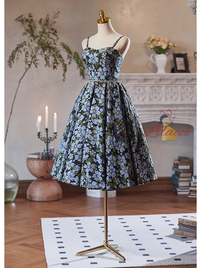 Black Spaghetti Straps Print Homecoming Dress