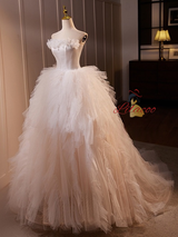 White Tulle Strapless 3D Flower Wedding Dress