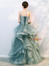 Green Tulle Spaghetti Straps Prom Dress