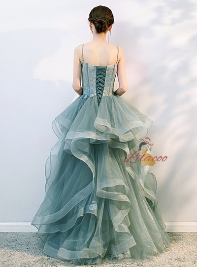Green Tulle Spaghetti Straps Prom Dress