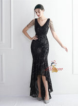 Hi Lo V-neck Sequins Beading Prom Dress