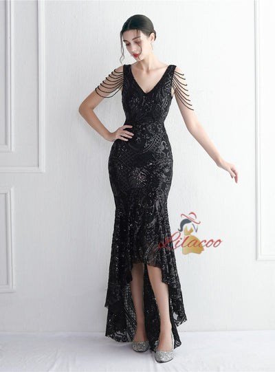 Hi Lo V-neck Sequins Beading Prom Dress