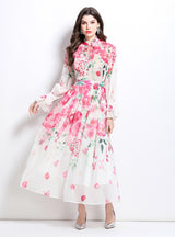 Lantern Sleeve Printed Chiffon Shirt+Skirt Suit