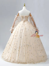 Champagne Tulle Sequins Long Sleeve Quinceanera Dress