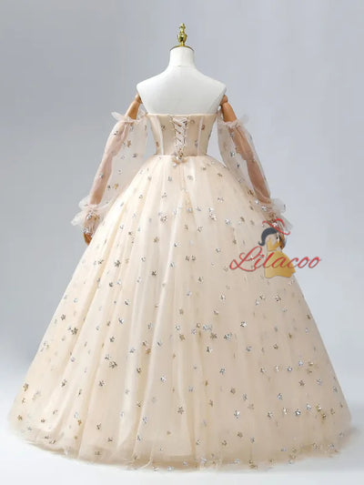 Champagne Tulle Sequins Long Sleeve Quinceanera Dress