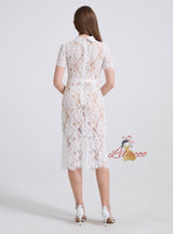 Lace Diamond Short Sleeve Round Neck Slim Dress