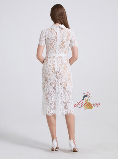 Lace Diamond Short Sleeve Round Neck Slim Dress