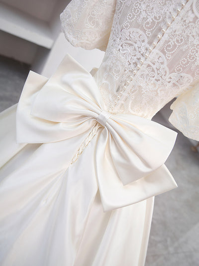 Ivory White Satin High Neck Wedding Dress