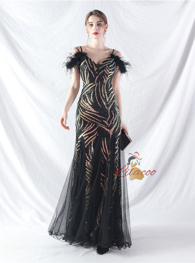 Spaghetti Straps Mermaid Sequins Tulle Prom Dress