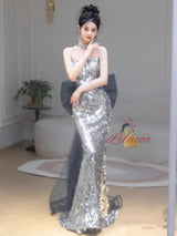 Silver Mermaid Sequins Strapless Prom Dress