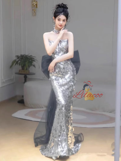Silver Mermaid Sequins Strapless Prom Dress