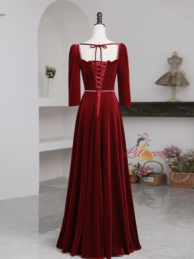 Burgundy Velvet Long Sleeve Beading Prom Dress
