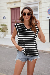 V-neck Striped Short Sleeve Loose T-shirt