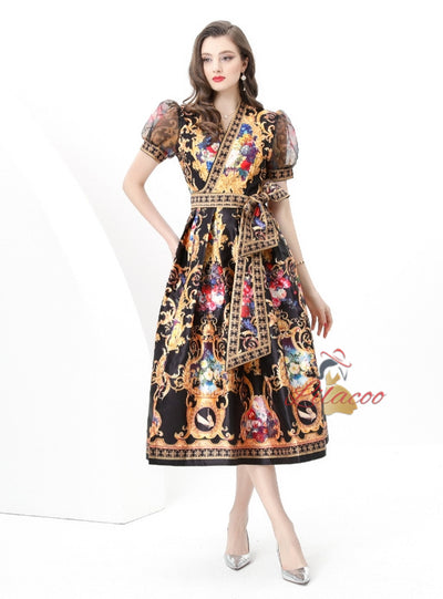 Palace V-neck Mesh Bubble Sleeve Printed Dress