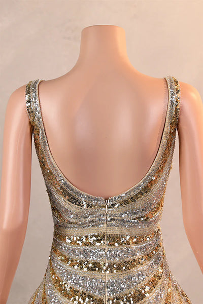 Gold Mermaid Sequins V-neck Split Prom Dress