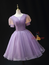 Purple Tulle Puff Sleeve Beading Homecoming Dress