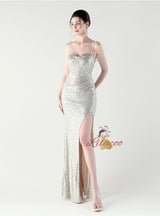 Mermaid Sequins Spaghetti Straps Pleats Beading Prom Dress