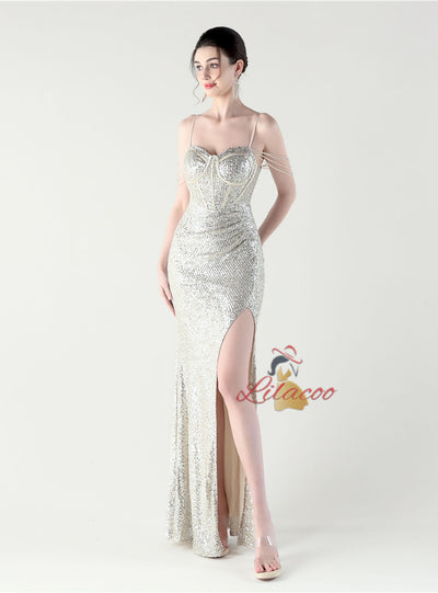 Mermaid Sequins Spaghetti Straps Pleats Beading Prom Dress