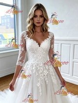 White Tulle Appliques V-neck Appliques Wedding Dress