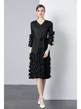 Slim V-neck Ruffled Wood Ears Dress