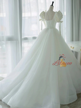 White Tulle Puff Sleeve Bow Wedding Dress