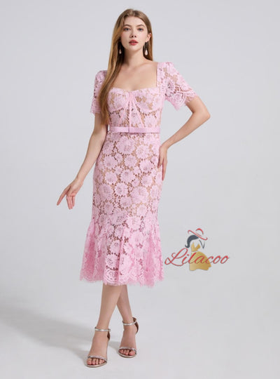 Sexy Short Sleeve Square Collar Lace Dress