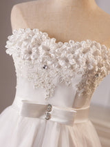 White Tulle Hi Lo Strapless Flower Wedding Dress