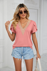 V-neck Short Sleeve Solid Color T-shirt