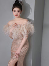 Champagne Mermaid Sequins Feather Prom Dress