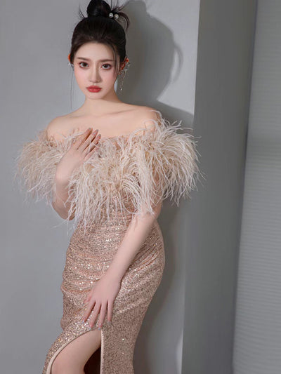 Champagne Mermaid Sequins Feather Prom Dress