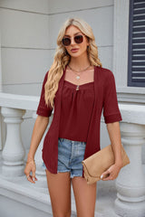 Solid Color Stitching Button Short Sleeve T-shirt