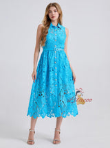 Sleeveless Long Lace Lapels Buttons Dress