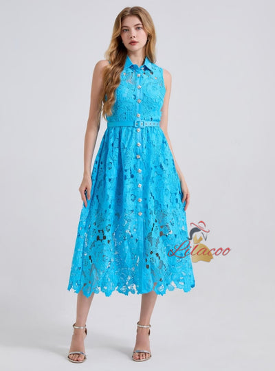 Sleeveless Long Lace Lapels Buttons Dress