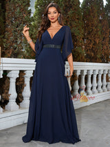 Navy Blue Chiffon V-neck Prom Dress