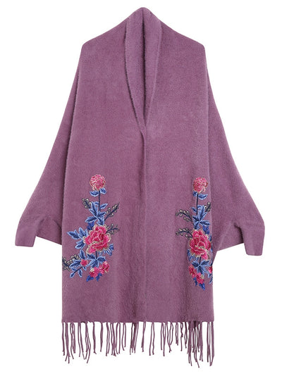 Loosely Embroidered Bat Sleeve Shawl Cloak