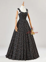A-Line Black Spaghetti Straps Print Beading Prom Dress