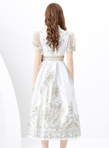 V-neck Lantern Sleeve Retro Print Dress